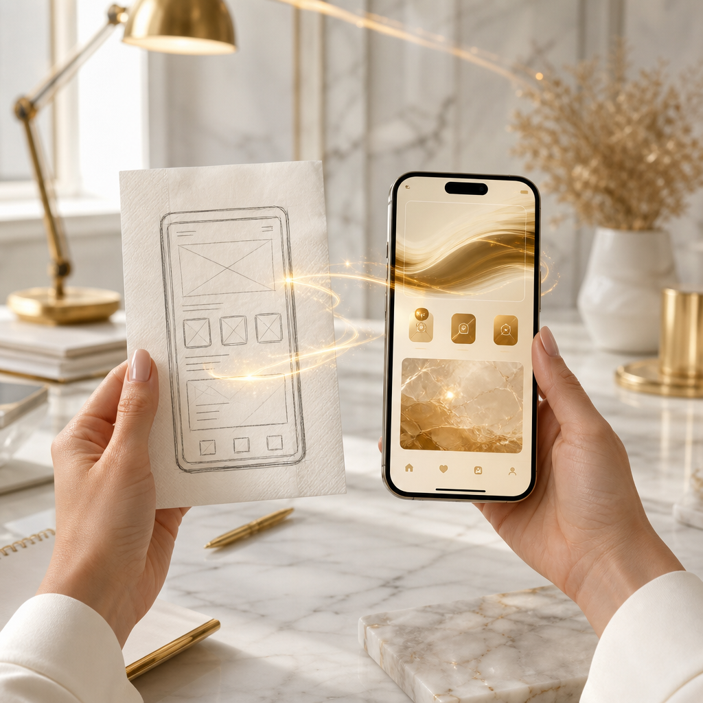 Founder sketch on paper transforming into live app in a bright design studio