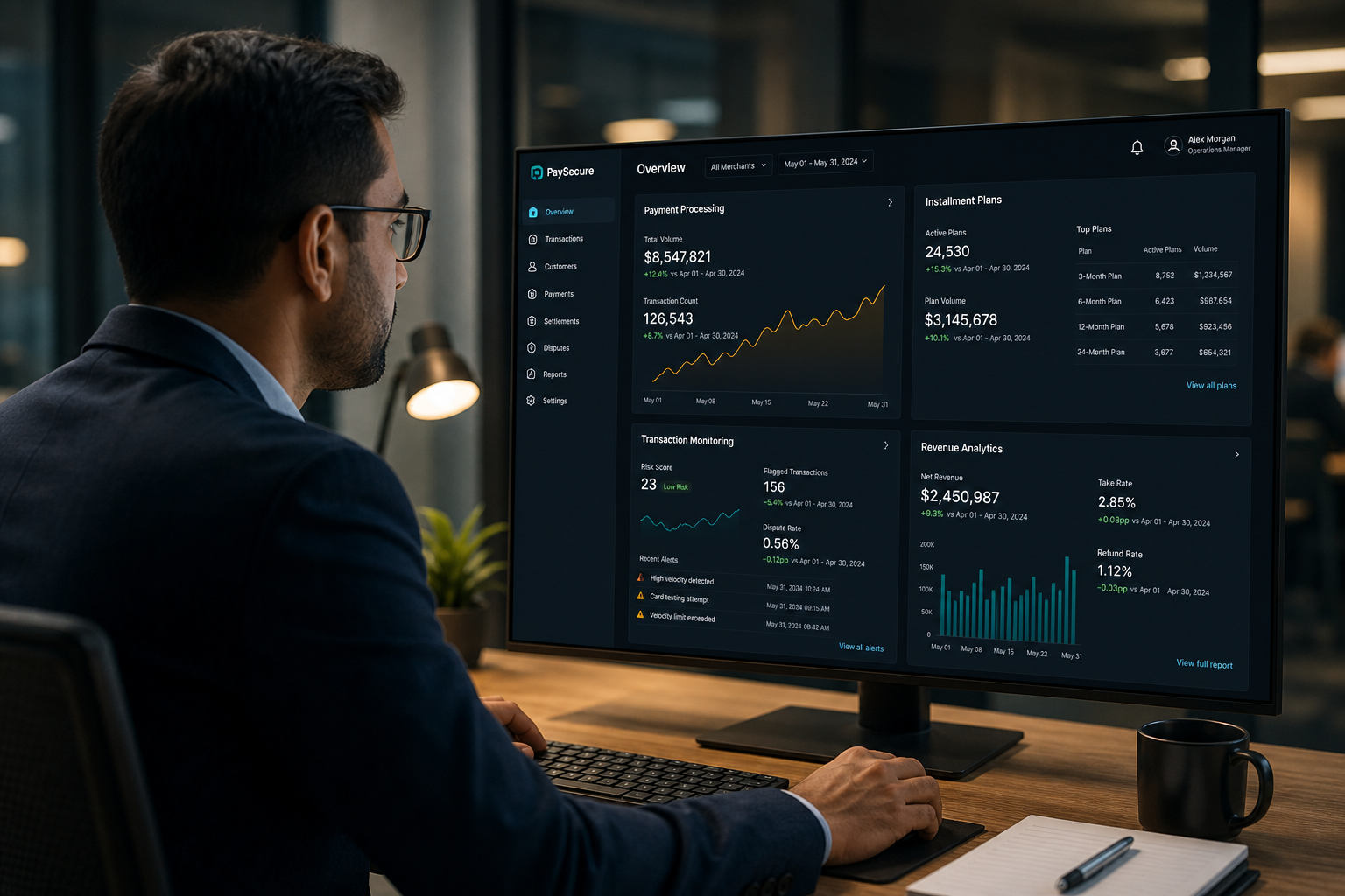 Finance professional reviewing payment analytics and installment dashboards on a modern fintech platform