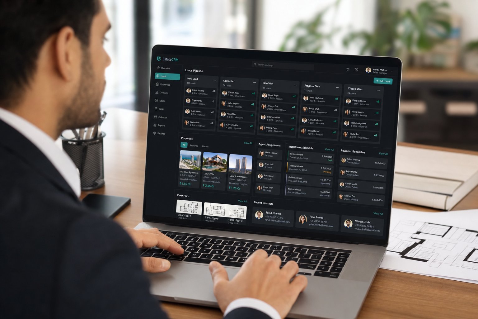 Sales team managing leads, pipeline stages, and follow-ups in a LeadGen CRM dashboard