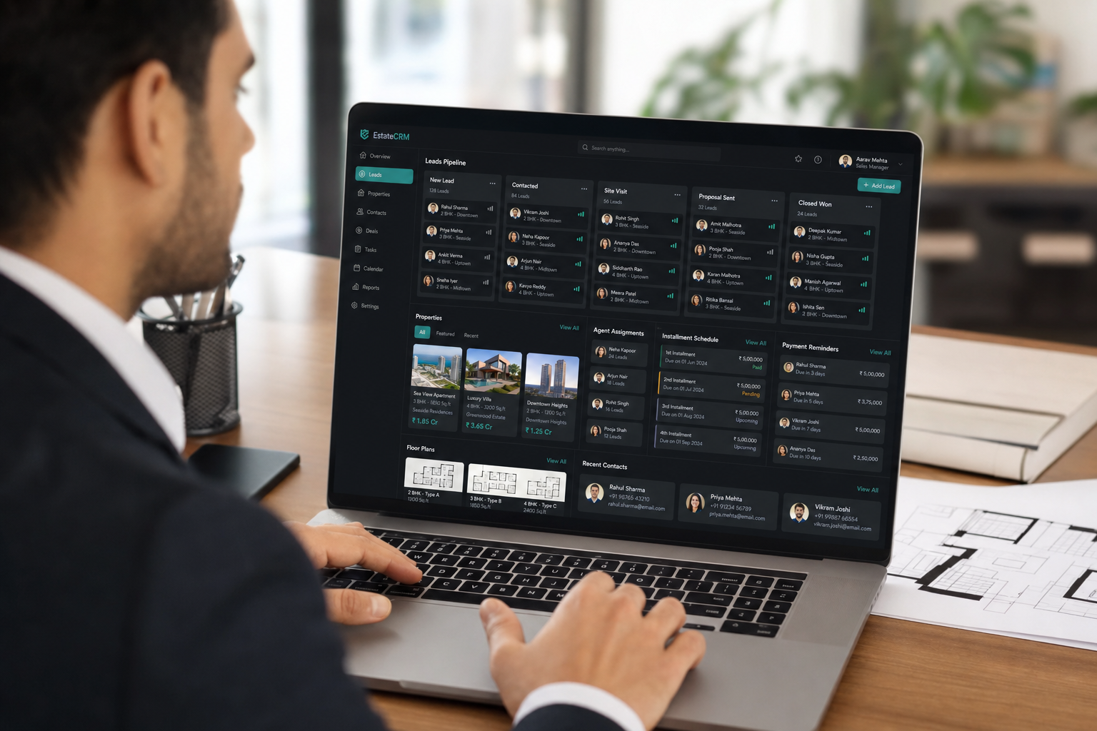 Real estate agent managing property leads, pipeline, and installment billing in a CRM dashboard