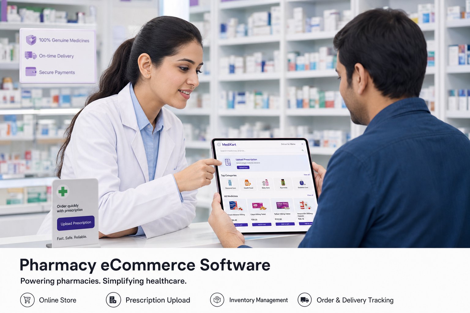 Pharmacist and customer using an online pharmacy store with prescription upload and medicine catalog