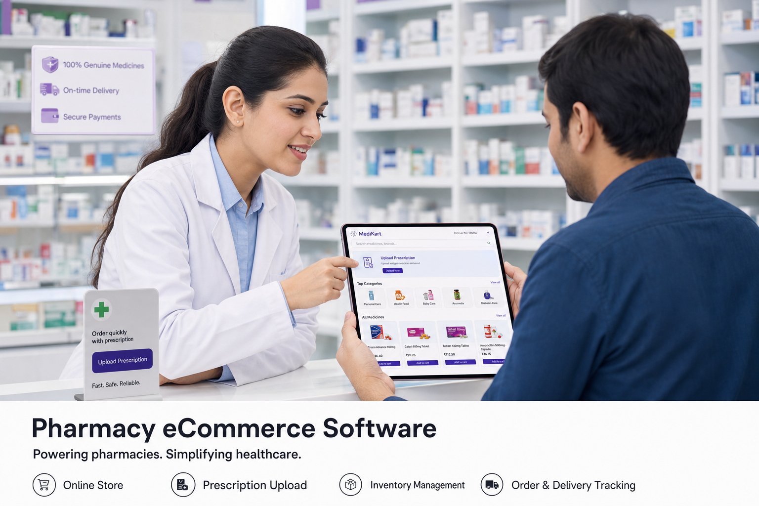 Pharmacist and customer using an online pharmacy store with prescription upload and medicine catalog
