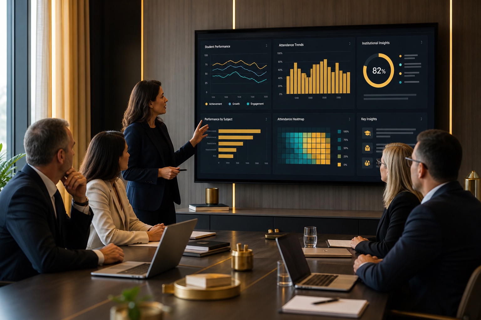School leadership reviewing AI-powered institutional insights on Edvia under controlled access