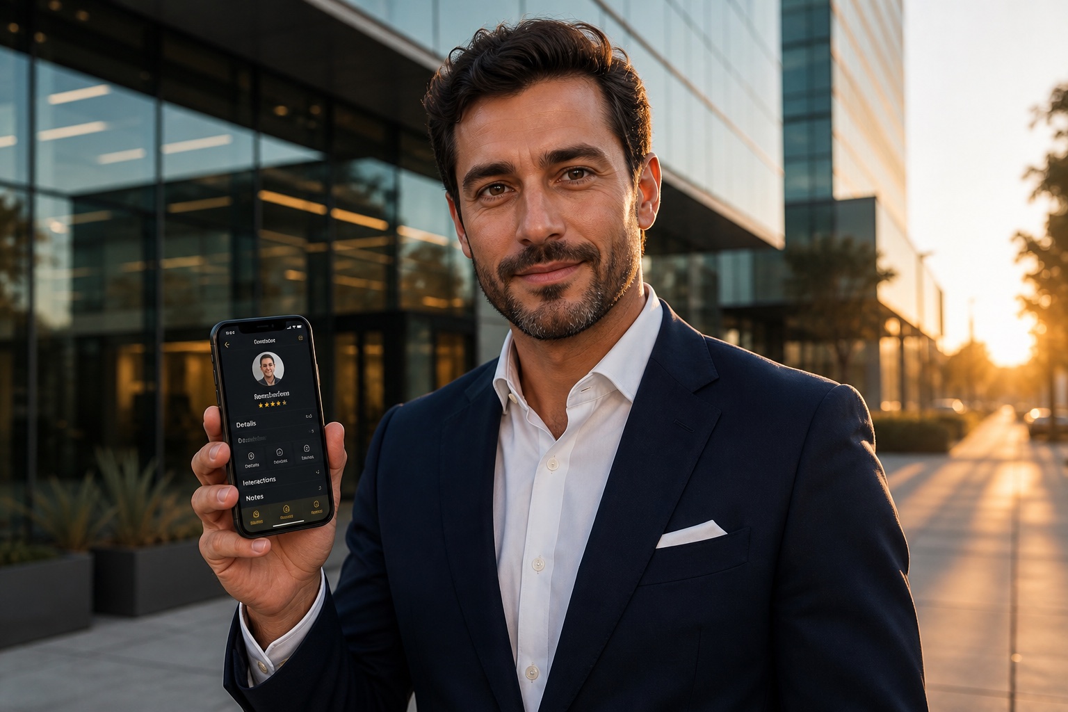 Field sales representative reviewing a lead profile on a mobile CRM application