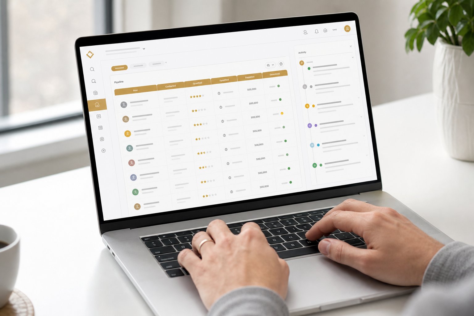 Laptop displaying the LeadGen CRM web workspace with pipeline and activity views