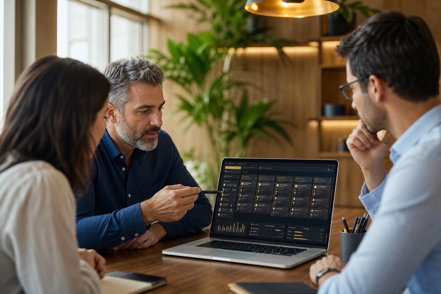 Sales team reviewing a shared CRM pipeline in a modern operations workspace