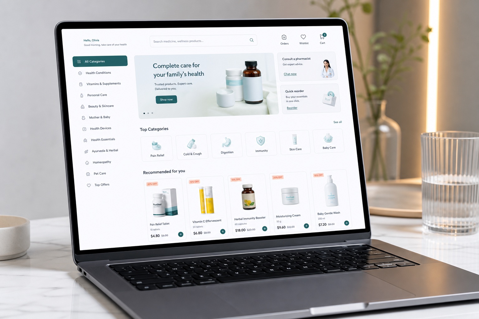 Clean pharmacy e-commerce catalog interface showing structured product discovery and category navigation