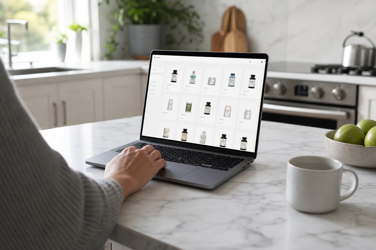 Laptop displaying a digital pharmacy catalog and product discovery experience