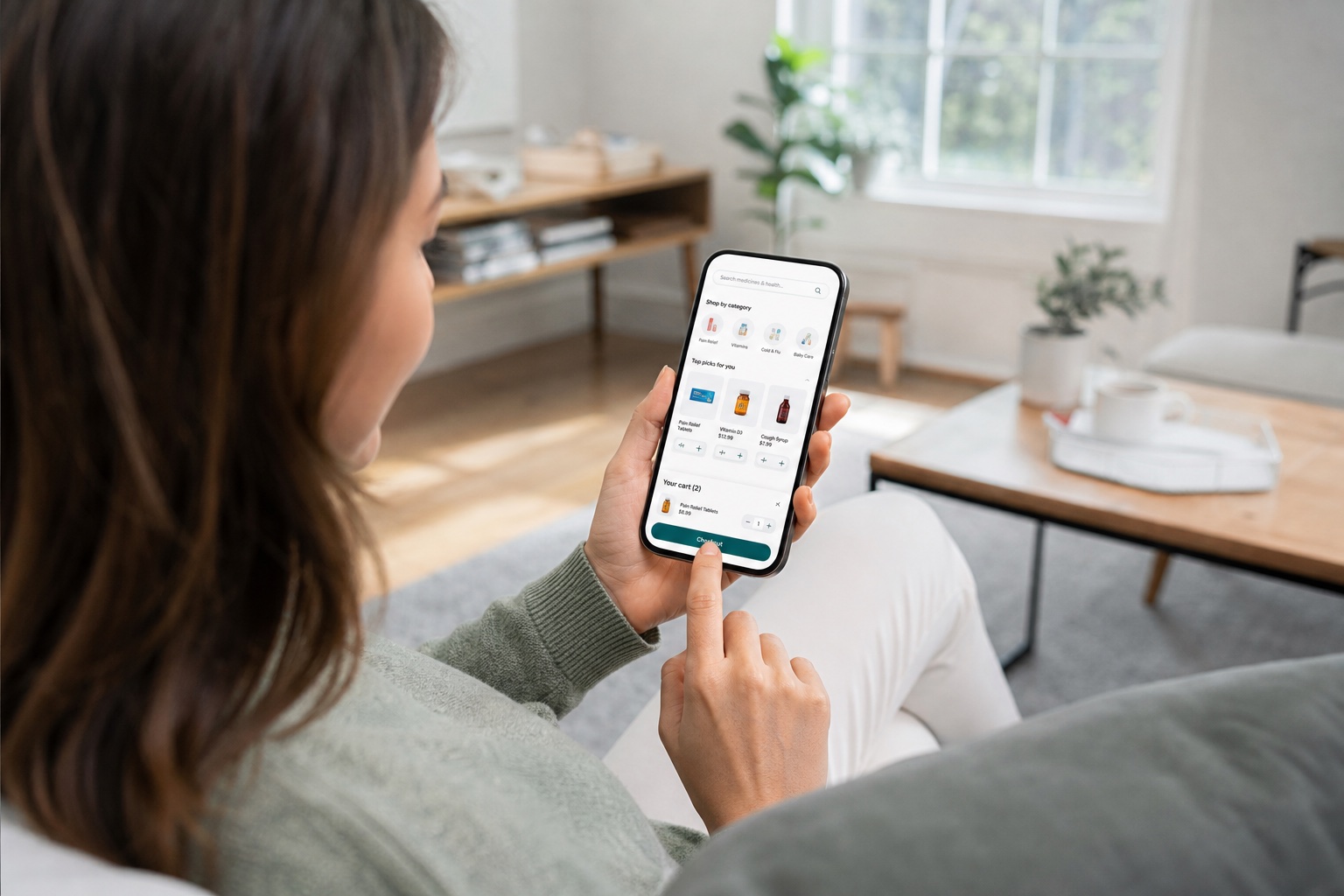 Customer shopping a digital pharmacy storefront on a smartphone