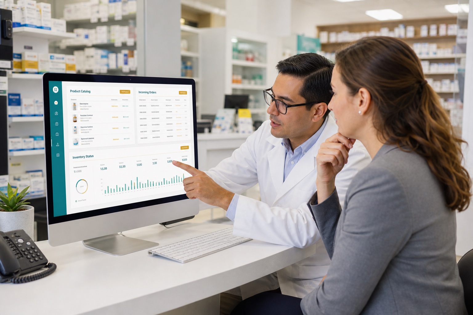Pharmacy team managing catalog, orders, and digital commerce operations on an admin dashboard