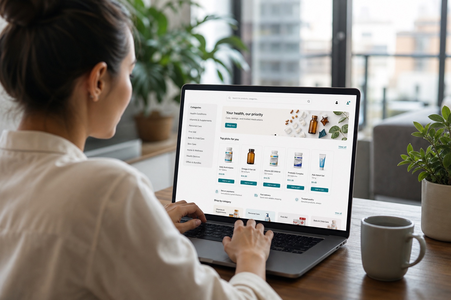 Customer browsing a digital pharmacy storefront on a laptop in a bright contemporary home