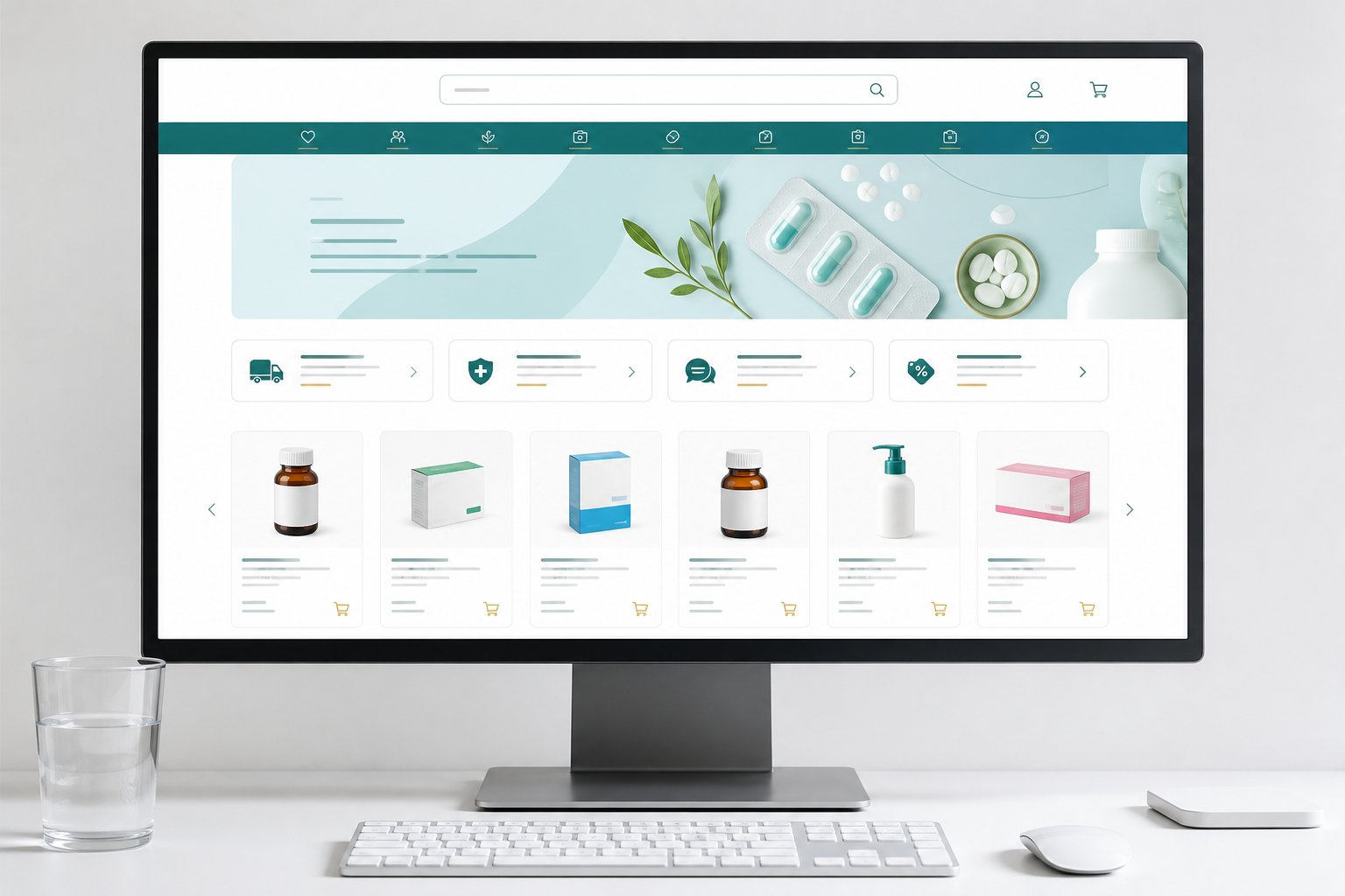 Clean, trustworthy digital pharmacy storefront designed for clarity and efficient product discovery