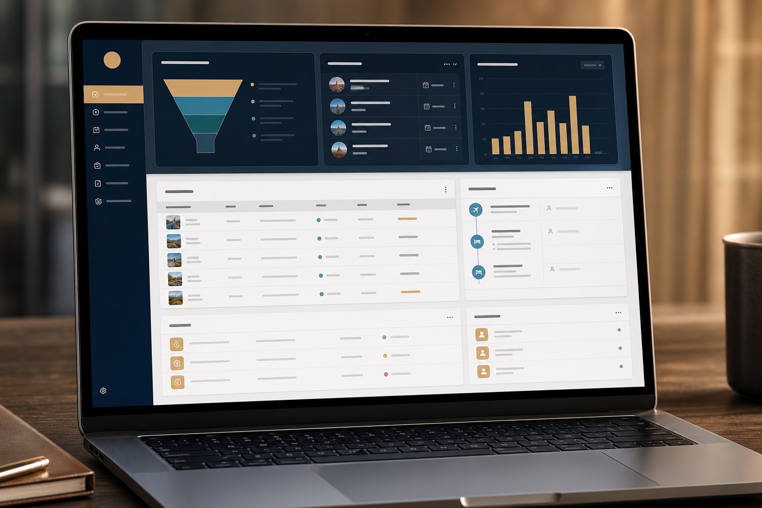 Travel operations dashboard showing enquiry pipeline, upcoming bookings, itineraries, and supplier tasks