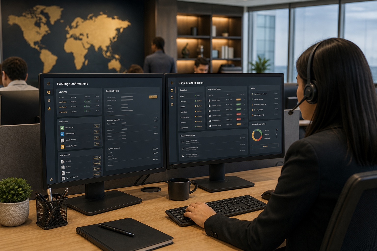 Operations team coordinating bookings, documents, and supplier fulfilment from a shared travel platform
