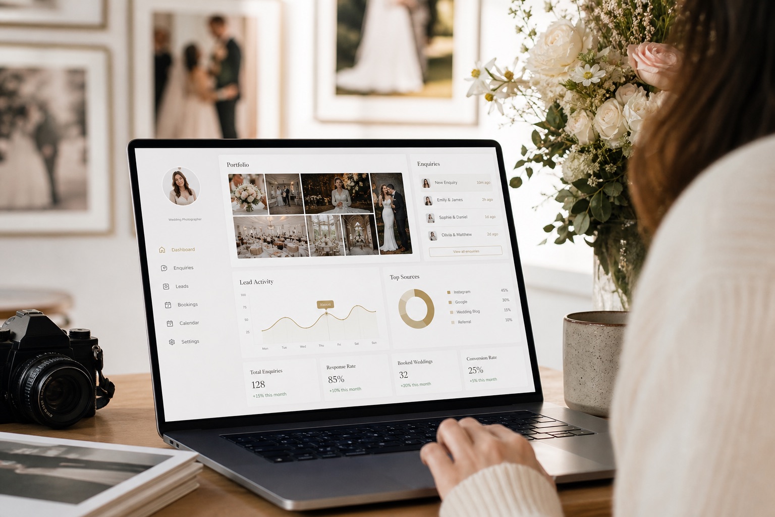 Wedding professional managing profile, portfolio, and enquiries in the Wedova vendor dashboard