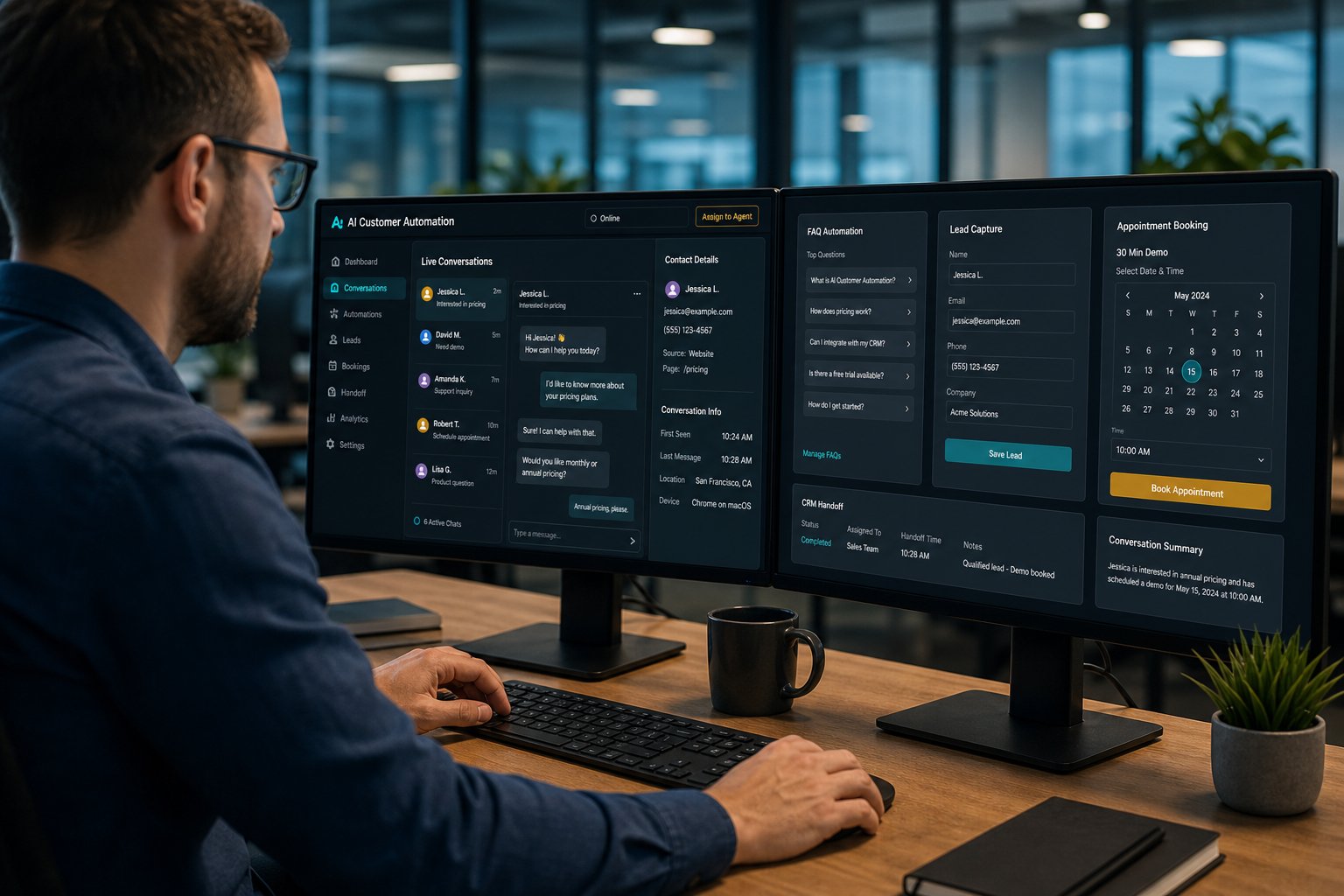 Support specialist monitoring AI chatbot conversations, knowledge retrieval, and human handoff on dual monitors