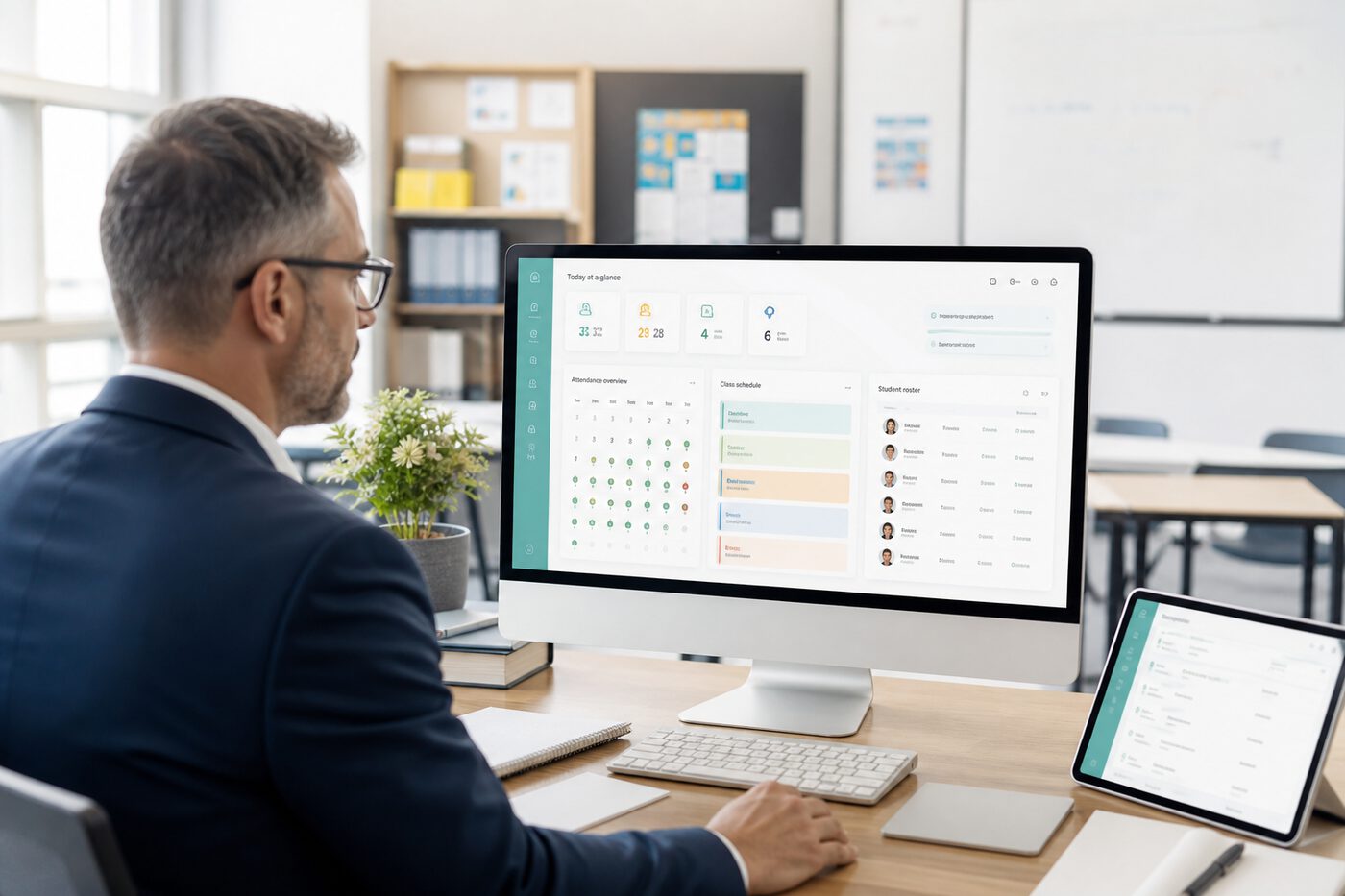 School administrator managing attendance, timetables, and student records in the Edvia platform