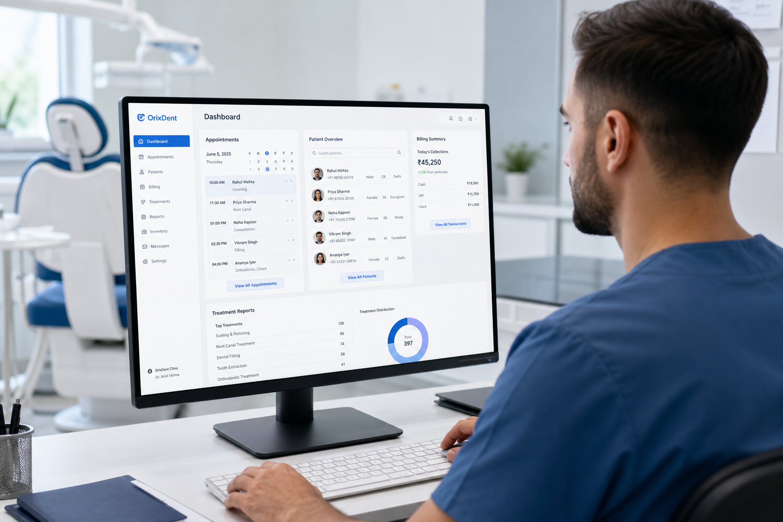 Dentist reviewing appointments, patient records, and billing in a dental clinic SaaS dashboard