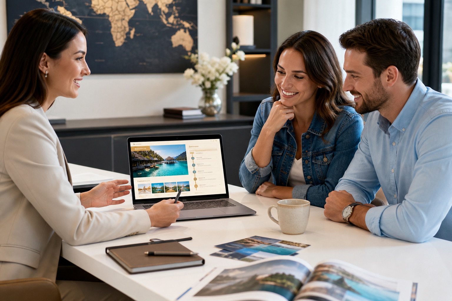 Travel consultant planning a trip with customers on a connected travel operations platform