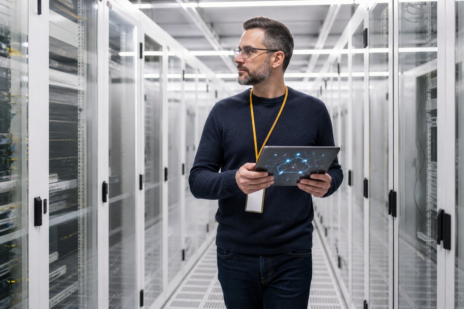Cloud architect reviewing Azure infrastructure inside a managed data centre