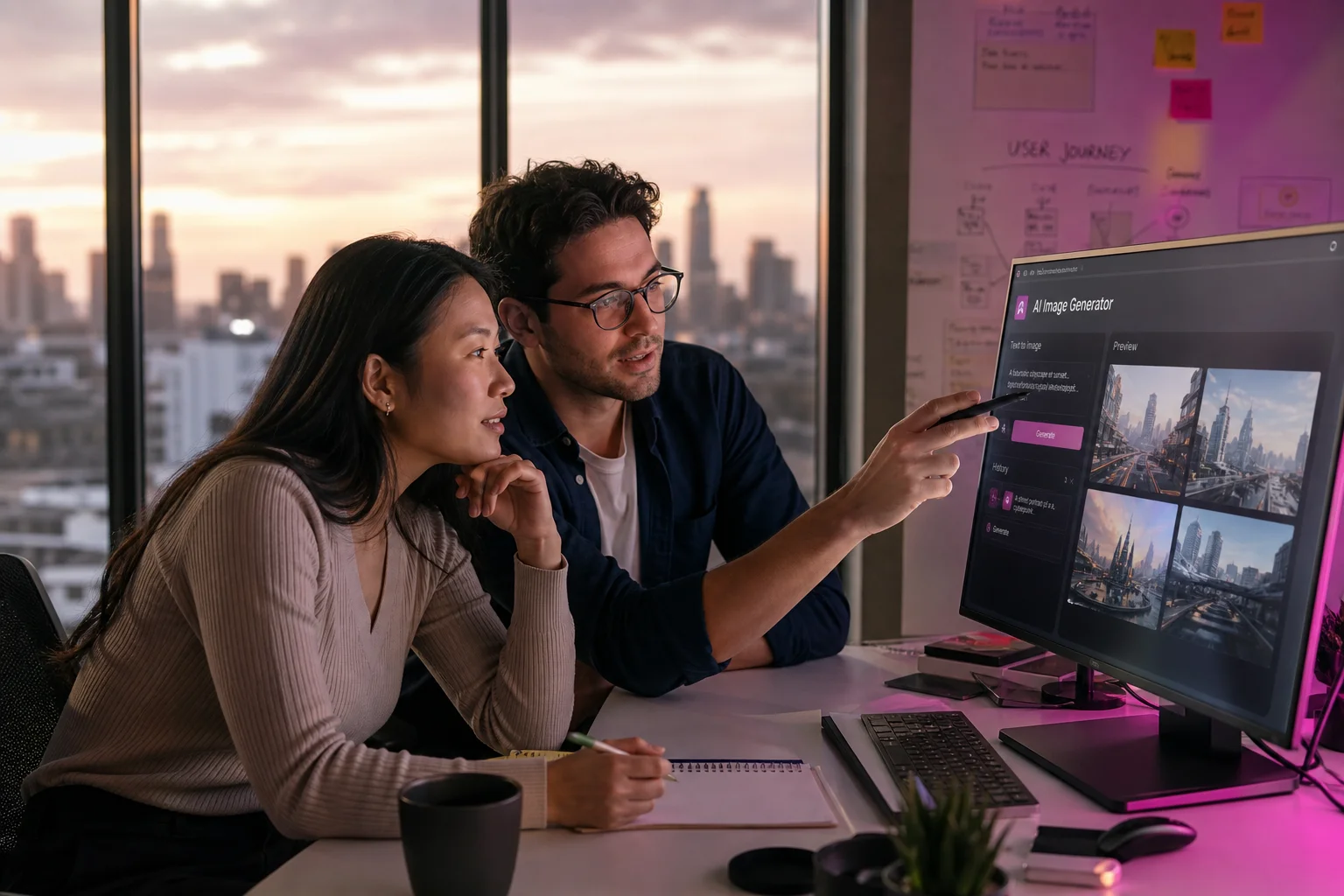 Engineers exploring a new AI prototype with curious collaboration in a tech studio