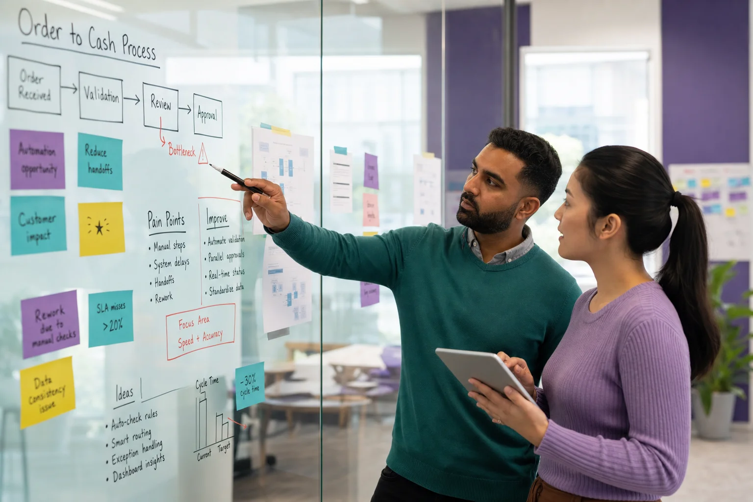 Strategists reviewing workflow improvements on a whiteboard in a modern workspace