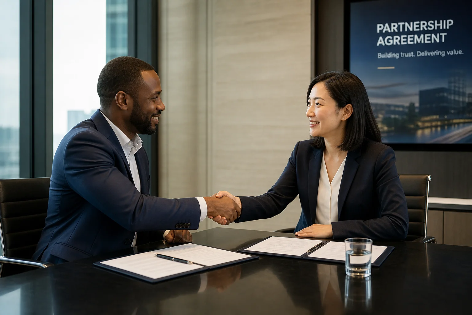 Business partners sharing an honest handshake after a transparent agreement
